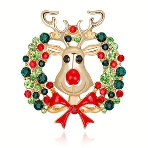 Brooch, Reindeer,NIP, 1.5x1.6 w/Colorful Crystals, 18k gold plated, display case